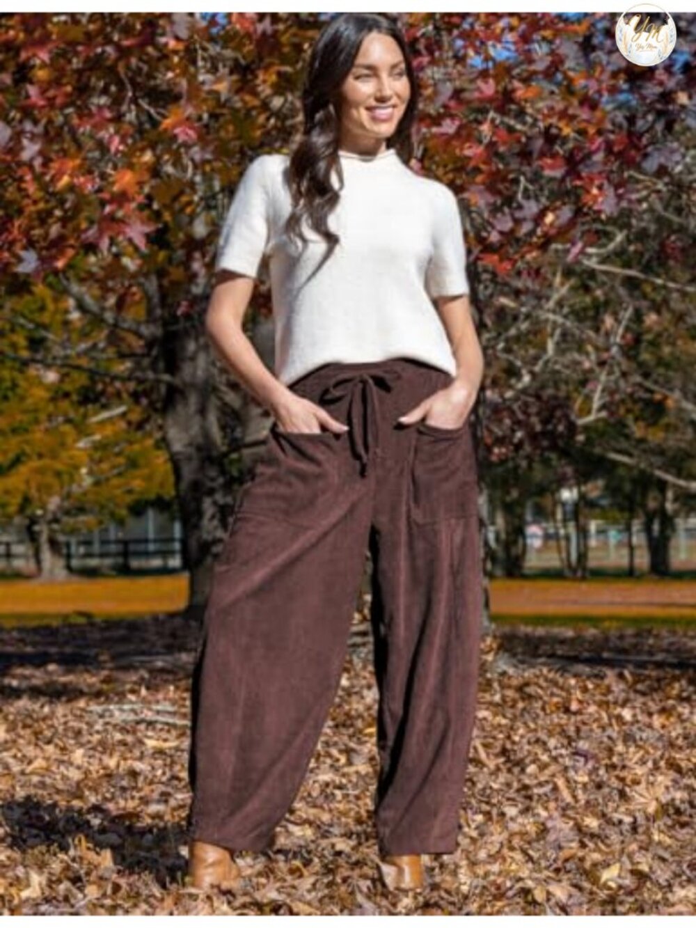 Corduroy High Waist Wide Leg Pants Drawstring Elastic Waist Side Pockets - Picture 3 of 6
